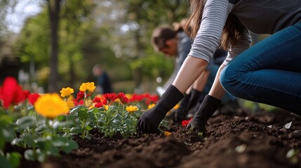 Fototapeta premium A community group planting flowers in a public garden in preparation for the festival.