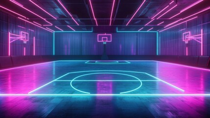 Obraz premium Neon Lit Basketball Court: Futuristic Indoor Arena with Vibrant Pink and Blue Lighting