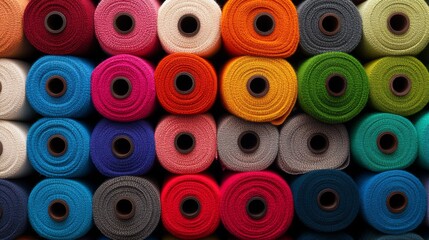Row of colorful yarns are stacked on top of each other. The colors are bright and vibrant, creating a cheerful and lively atmosphere. The yarns are arranged in a way that they are all visible