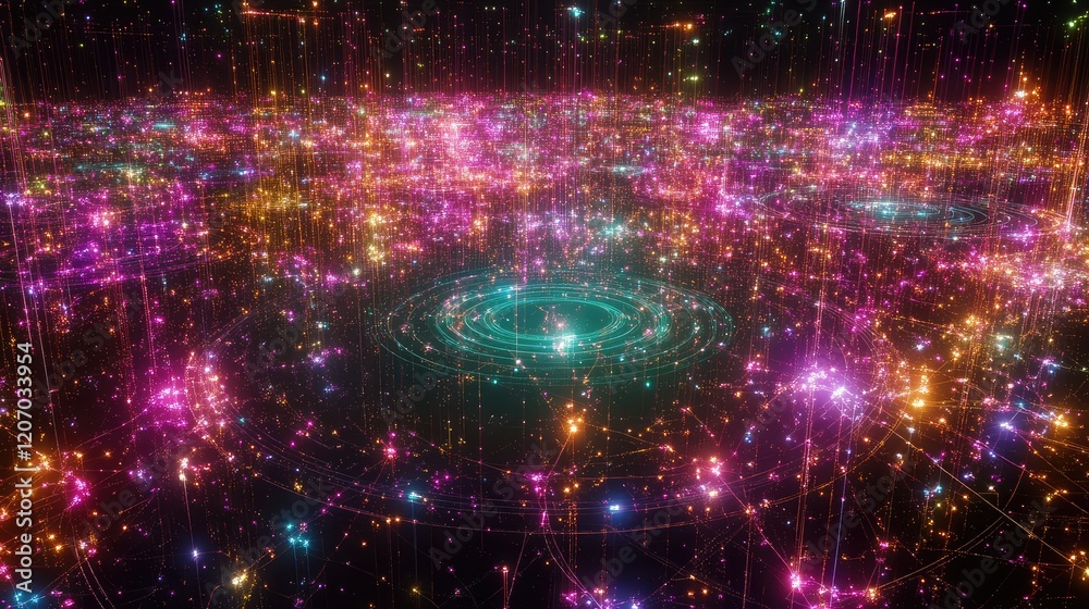 Poster abstract grid of big data with glowing lines and nodes, surrounded by analytics charts and digital h