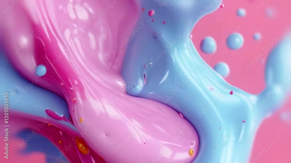 Poster Smooth animation of the composition in pastel shades of pink and blue. Shapes move gently, blending into a harmonious shimmer, while drops and splashes add calmness, airiness and volume