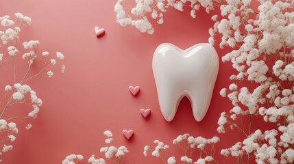 Celebrating dental health with a playful white tooth among delicate flowers and charming hearts, creating a vibrant and joyful composition