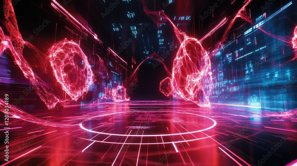 Poster abstract grid of big data with glowing lines and nodes, surrounded by analytics charts and digital h