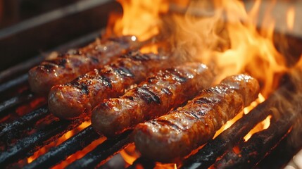 Close up of roasted sausage on a grill with fire