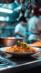 Delicious fried rice dish on a white plate in a restaurant kitchen.