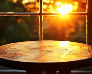 Obraz premium Sunset view through window, wooden table.