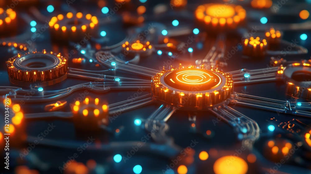 Poster abstract representation of automation systems with glowing gears, dynamic workflows, and control dia