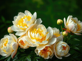 Beautiful display of yellow and white peonies on green backdrop, natural light, vibrant petals, decorative, springtime