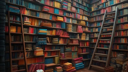 A library wall filled with colorful books seen background