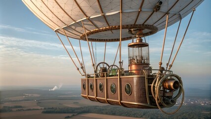 Naklejka premium A steam-powered airship soars through the sky with copper pipes and brass fixtures, copper, transportation, steampowered, industrial