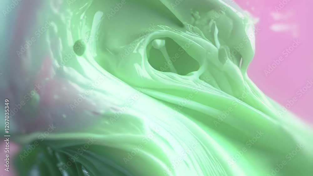 Aufkleber Vibrant animation with shiny streams of pink and green that converge in the center. Drops and splashes in motion on the pink background add dynamism and freshness