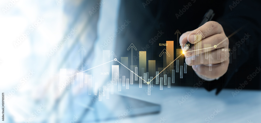 Aufkleber business growth graph chart. businessman using tablet analyzing sales data and financial report.fina