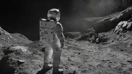Exploration of an alien landscape as an astronaut surveys the moon's surface under a blanket of stars