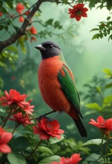 Fototapeta premium Bird perched on a red flower with vibrant green leaves, branch, flower, wildlife