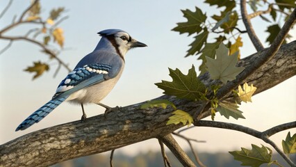 A stunning blue jay sitting on a sturdy tree branch with leaves and twigs, , tree, leaves, wildlife