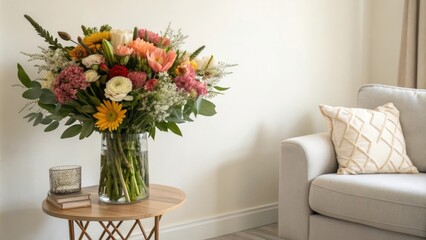 A stunning bouquet of flowers is placed against a neutral-colored wall in a minimalist living room, clean lines, flower bouquet, wall decoration