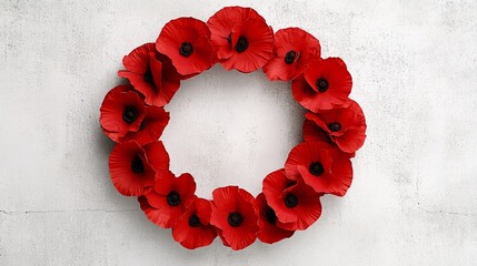 Wreath of red poppies is arranged in a circle. The poppies are red and white, and they are arranged in a way that creates a sense of unity and harmony. The wreath is a symbol of remembrance