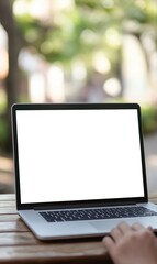 Sunny Home Office: Woman Typing on Blank MacBook Screen. Creative Abstract Marketing Background with Bokeh Effect. Versatile Design for Posters, Banners, and Digital Media Showcasing Remote Work and T