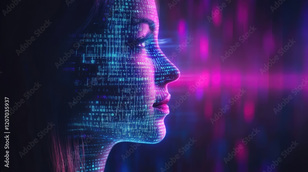 Poster abstract visualization of an ai-powered process converting glowing text into vibrant holographic ima