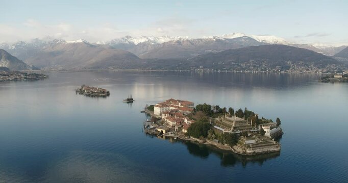 Aerial view of island and mountains, isola Bella, lake Maggiore, Piedmont, Italy