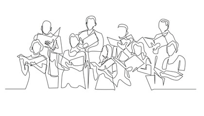 Group of People Singing from Sheet Music - Line Art vector Illustration