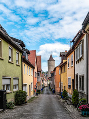 Charming European Townscape With Colorful Houses and Cobbled Street Under Blue Sky Ochsenfurth, Germany