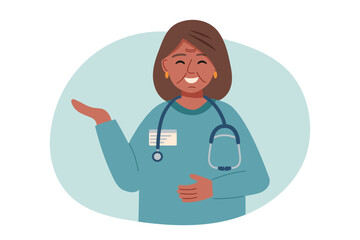 Obraz premium Portrait of doctor woman isolated on white. Concept of medicine, healthcare, clinic, assistance. Vector hand drawn illustration.