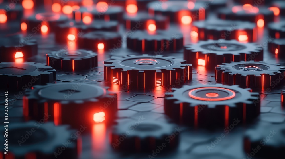 Poster abstract wave of glowing automation symbols and mechanical gears, representing advanced system integ