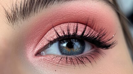 Obraz premium Intense makeup artistry showcases a stunning close-up of a beautifully enhanced eye with vibrant pink hues and voluminous lashes during a creative beauty session