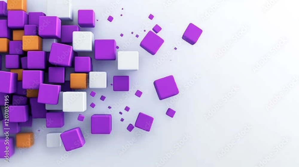 Poster wall of purple and white blocks with orange and white blocks in the middle. the blocks are arranged 