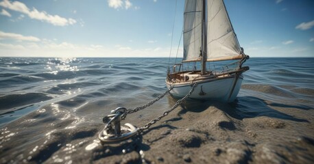 Fototapeta premium A tiny sailboat secured to the seafloor with an anchor chain , underwater, chain