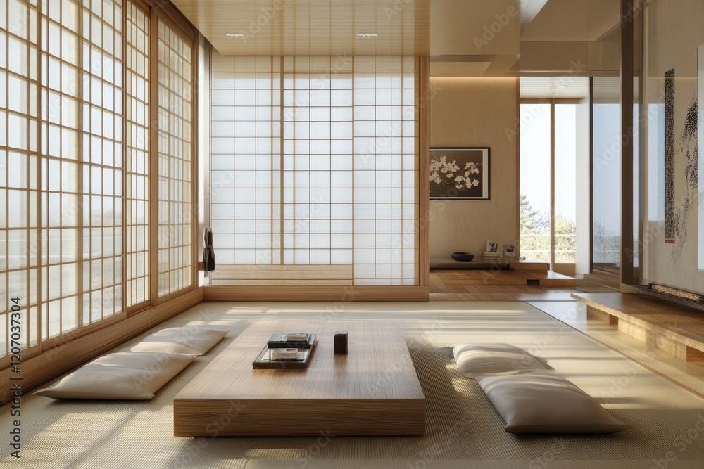 Wall mural Serene Minimalist Japanese Style Living Room Interior Design