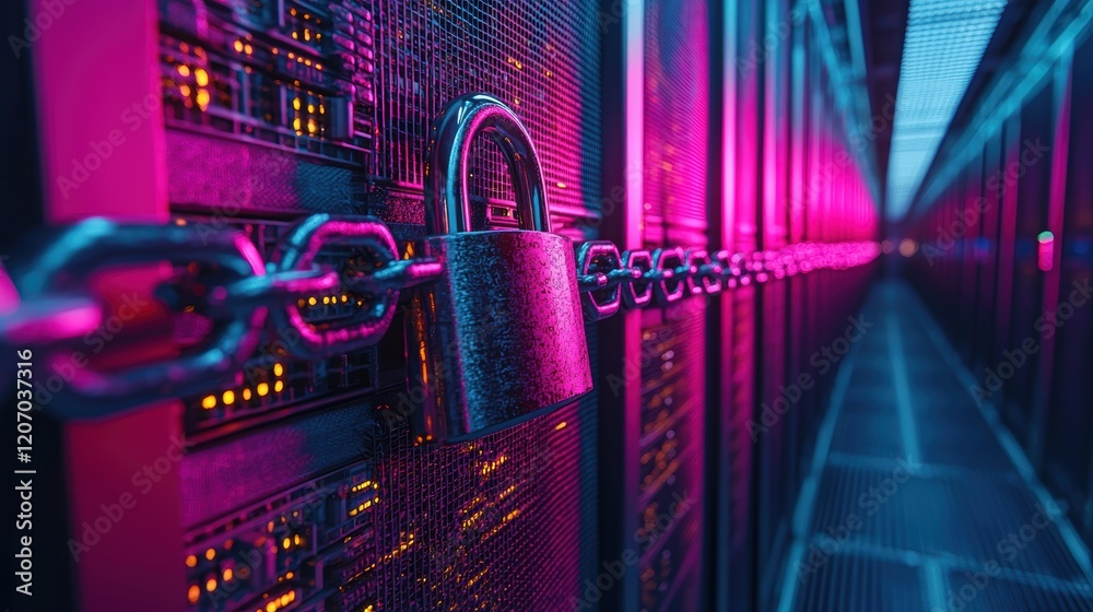 Poster protection padlock symbol padlock with a chain wrapped around a data server, representing physical s