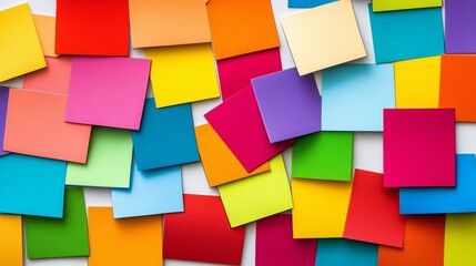Colorful collage of post it notes with different colors and shapes. Concept of creativity and playfulness, as the various shapes and colors come together to form a vibrant and dynamic scene