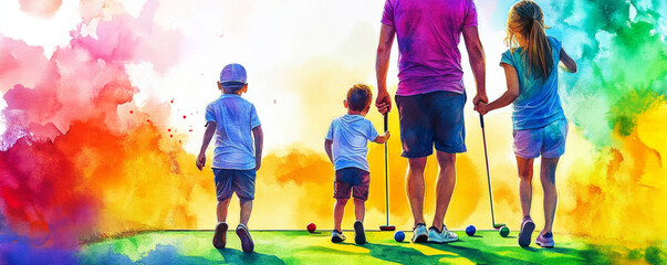 Parents and children enjoying colorful day of miniature golf together, creating joyful memories in vibrant setting