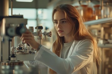 A female scientist meticulously adjusts scientific equipment in a modern laboratory setting.