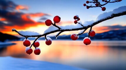 Branch covered in snow and red berries. The branch is hanging over a body of water