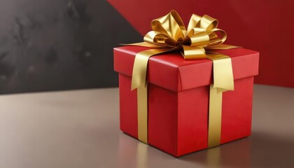 Obraz premium A vibrant red gift box with a beautiful golden bow on top, festive, holiday decor , bow