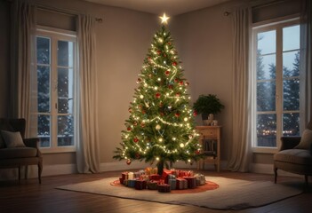 Christmas tree decorated with lights and ornaments, , holiday decor