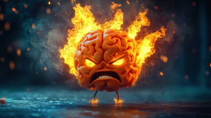 Brain with Emotion Angry cartoon brain with flames coming out of its ears, representing frustration, rage, and mental agitation.