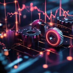 Fototapeta premium Abstract representation of technology and innovation featuring colorful gears, digital graphs, and glowing data signals in a futuristic environment