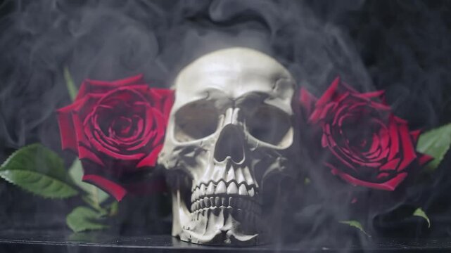 human skull with red roses on dark background, gothic art and symbolism concept