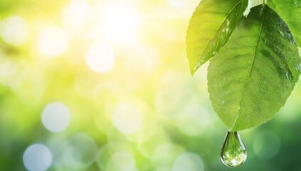 Naklejka premium Dewdrop on vibrant green leaf with blurred sunny background.