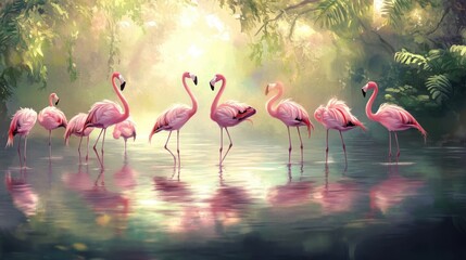 Obraz premium Serene Flock of Pink Flamingos in Tropical Paradise: A Stunning Reflection in Calm Waters
