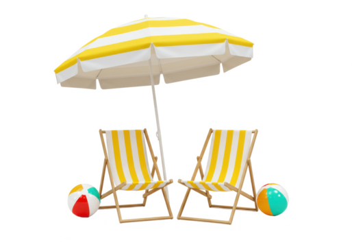 Two yellow and white striped beach chairs with a matching beach umbrella and two colorful beach balls isolated on white background