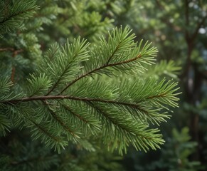 close-up of pine needles on a coniferous branch, botanical detail, leafy branches