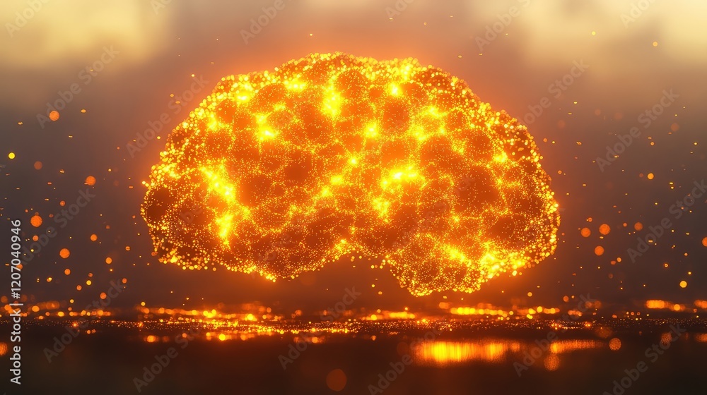 Poster artificial intelligence concept with interconnected glowing nodes forming a brain shape, set against