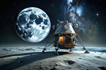 Obraz premium Abandoned spacecraft on the moon's surface with a full moon in the background, moon, geological