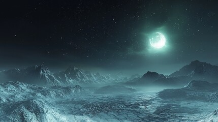 Naklejka premium Celestial landscape icy mountains digital art nighttime scene wide-angle view ethereal beauty
