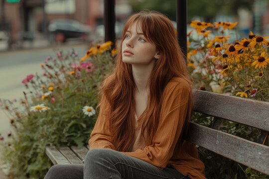 A pensive redhead woman sits on a park bench amidst blooming flowers, lost in thought.
